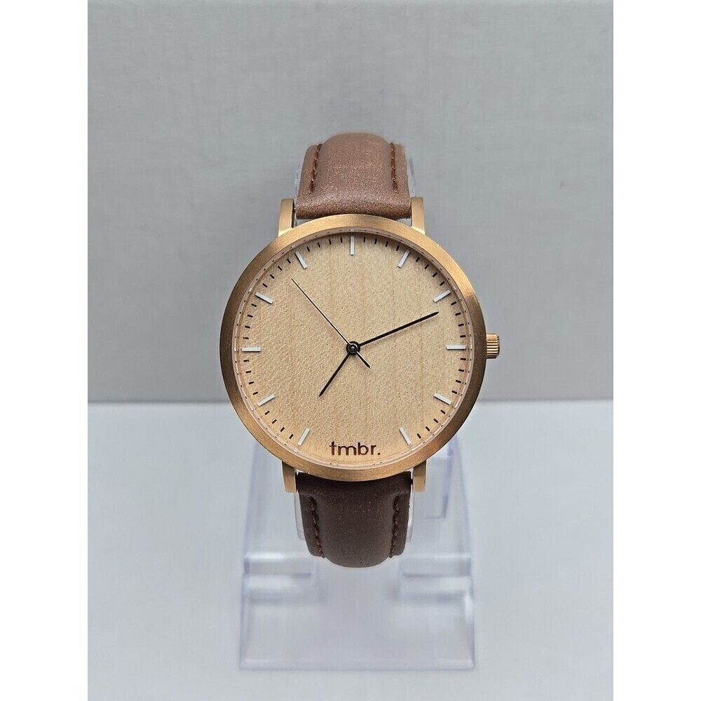 Tmbr The Helm Wood Dial Watch Rose Gold Tone 40mm Brown Leather New Battery
